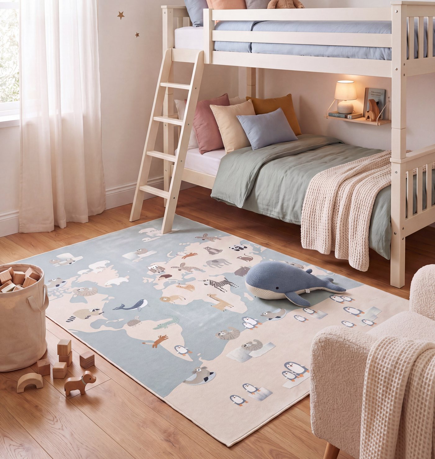 Una cameretta con il letto a castello e un tappeto Lindorug con gli animali disegnati