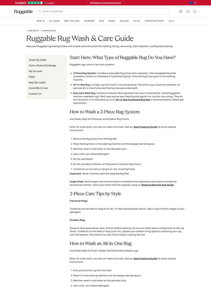 La parte alta della pagina di Ruggable EU