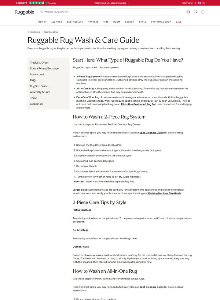 La parte alta della pagina di Ruggable UK