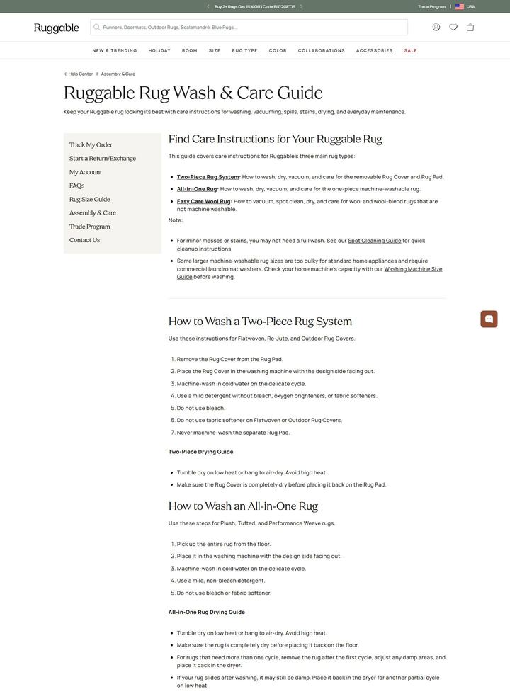 La parte alta della pagina di Ruggable US