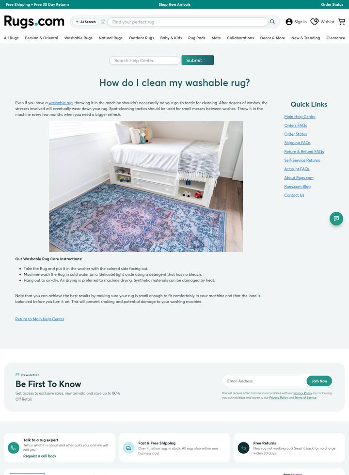 La parte alta della pagina di Rugs.com