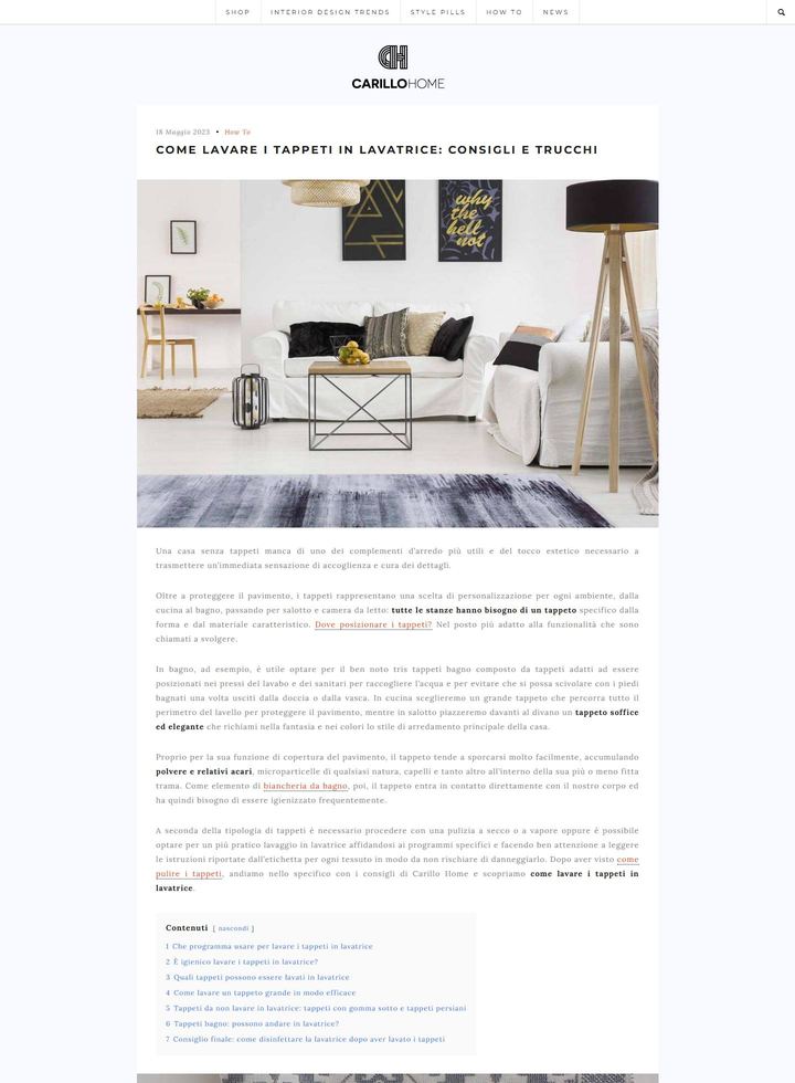 La parte alta della pagina di Carillo Home