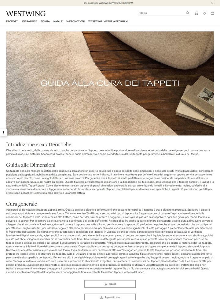 La parte alta della pagina di Westwing