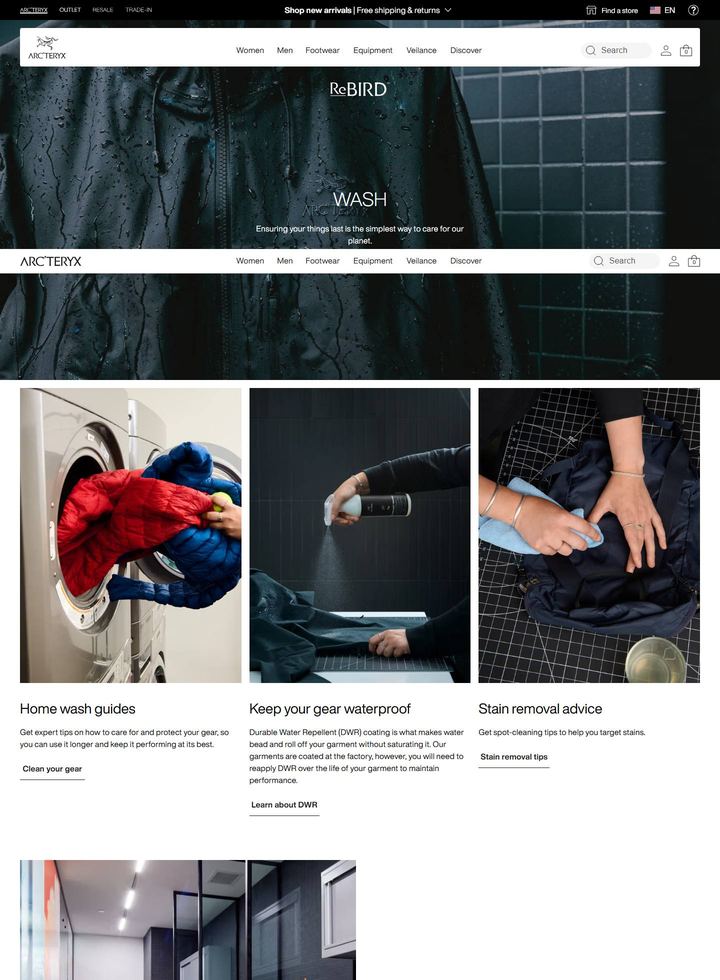 La parte alta della pagina di Arc'teryx