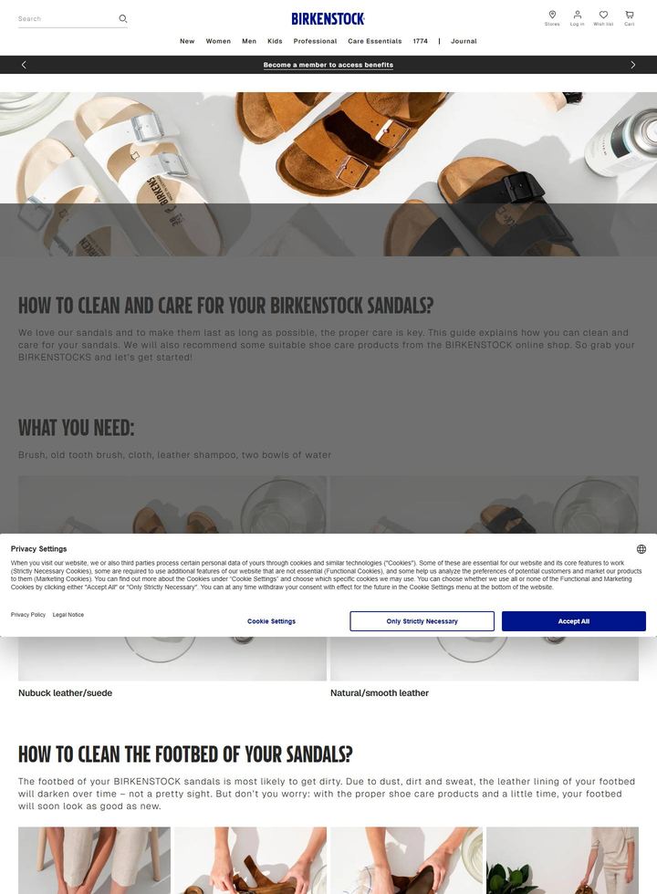 La parte alta della pagina di Birkenstock