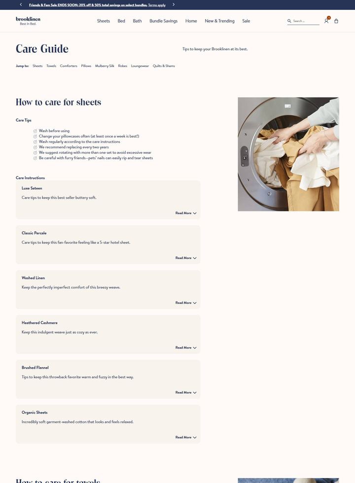 La parte alta della pagina di Brooklinen