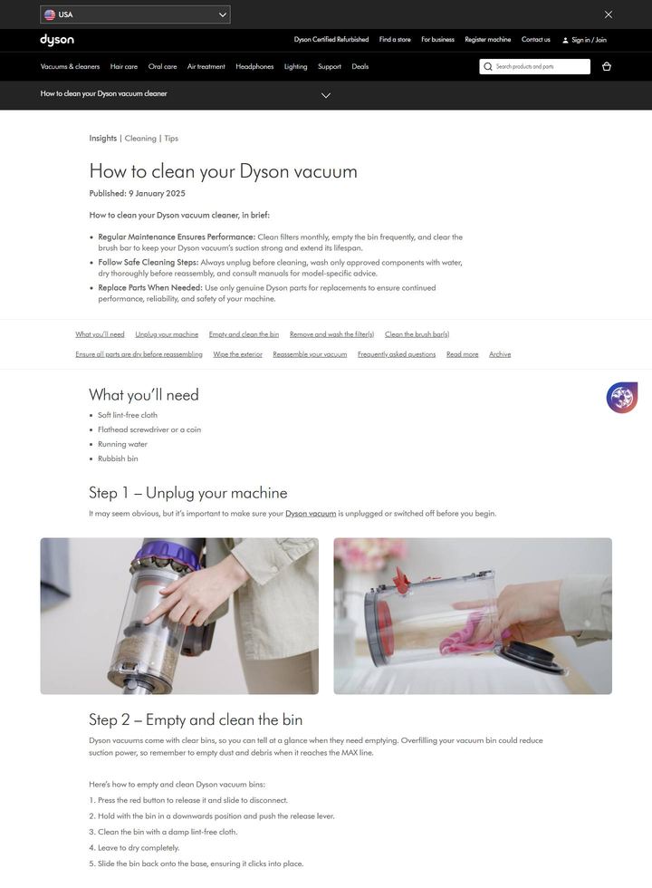 La parte alta della pagina di Dyson