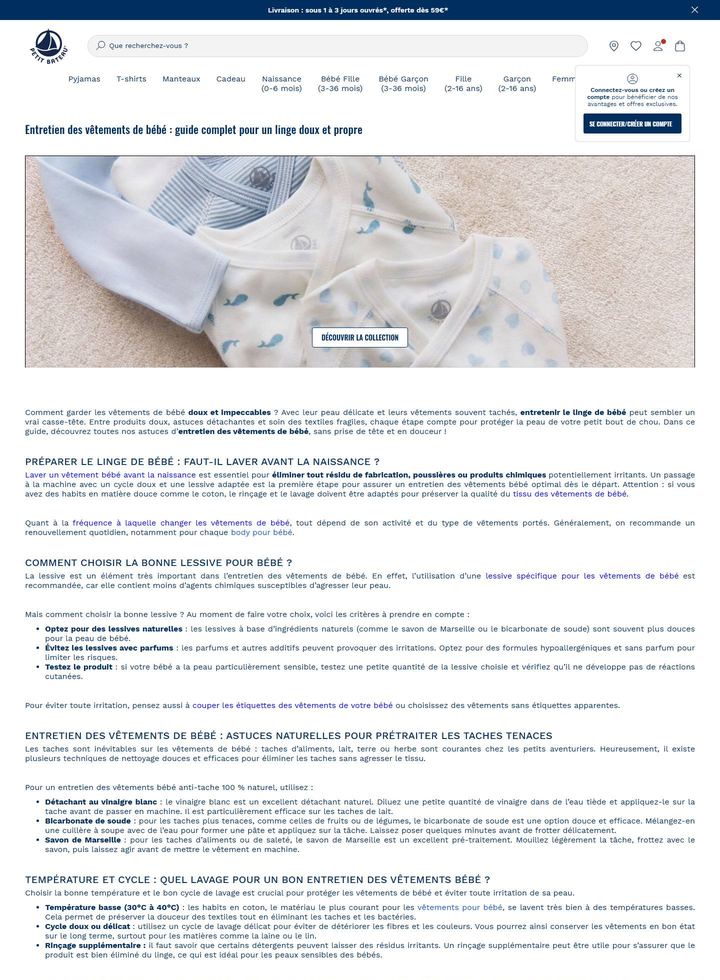 La parte alta della pagina di Petit Bateau