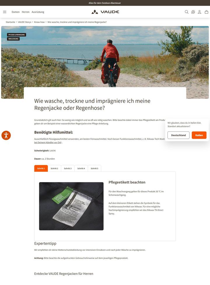 La parte alta della pagina di VAUDE